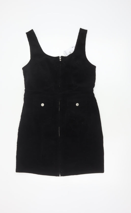 Denim Co Women Black UK 14 Corduroy Pinafore Mini Zip Dress