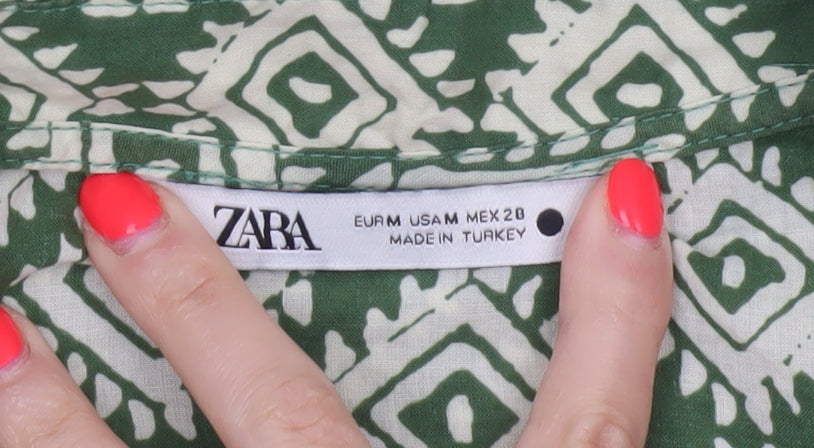 Zara Women Green Geometric Cotton A-Line Short Dress Size M