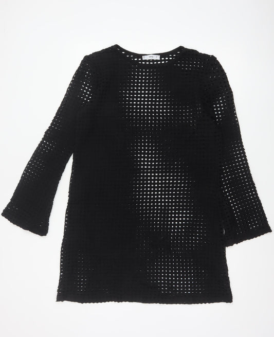 Mango Women Black UK 12 Crochet Knit Shift Dress Bell Sleeve