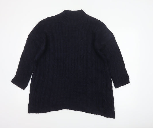Zara Knit Women Blue M Cable Knit High Neck Alpaca Wool Blend Jumper