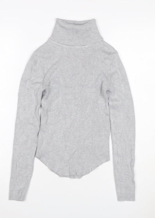 Stradivarius Women Grey UK 8 Rib Knit Roll Neck Slim Jumper