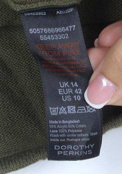 Brand and care label for Dorothy Perkins Women Green Lace Trim Cotton Jumper UK 14 Long Sleeve