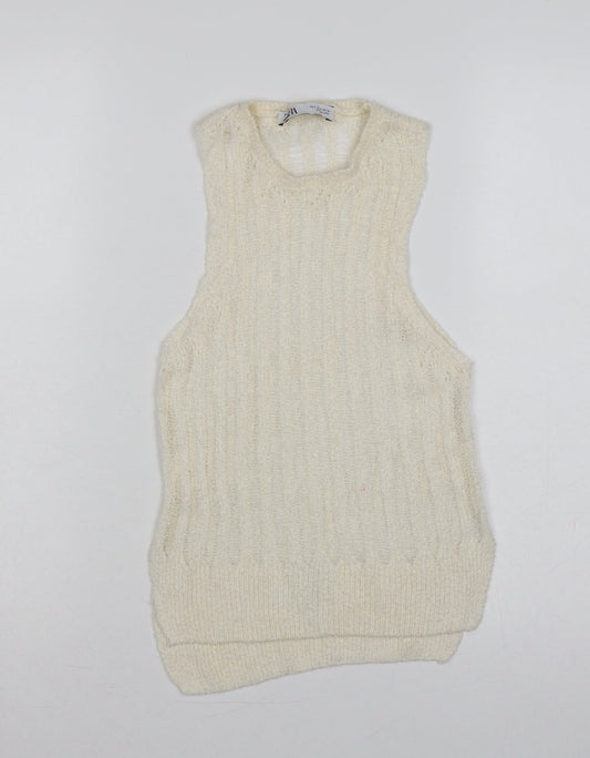 Zara Women Ivory S Sleeveless Knit Sheer Scoop Neck Tank Top