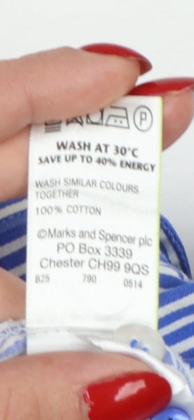 Marks and Spencer Women Blue Striped Cotton Button-Up Shirt UK 8
