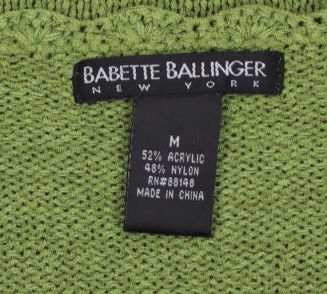 Babette Ballinger Women Green M V-Neck Raglan Knit Pullover Jumper
