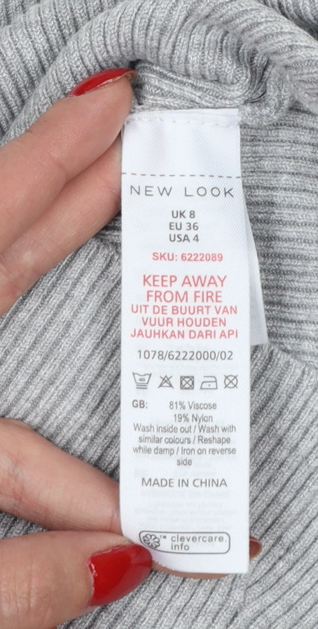 New Look Women Grey UK 8 Ribbed Mock Neck Button Slim Jumper