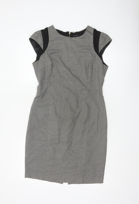 Zara Basic Women Grey Houndstooth L Pencil Work Dress