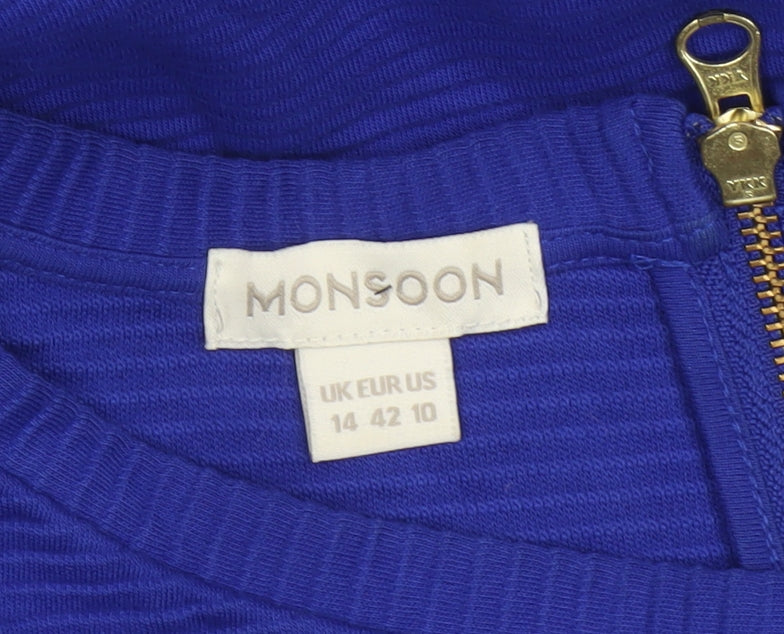 Monsoon Women Blue UK 14 Sheath Knee Dress Cotton 3/4 Sleeve Pockets