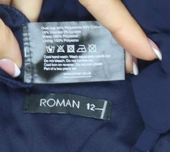 Brand and care label for Roman Women Blue UK 12 Pleated Chiffon Maxi Occasion Dress