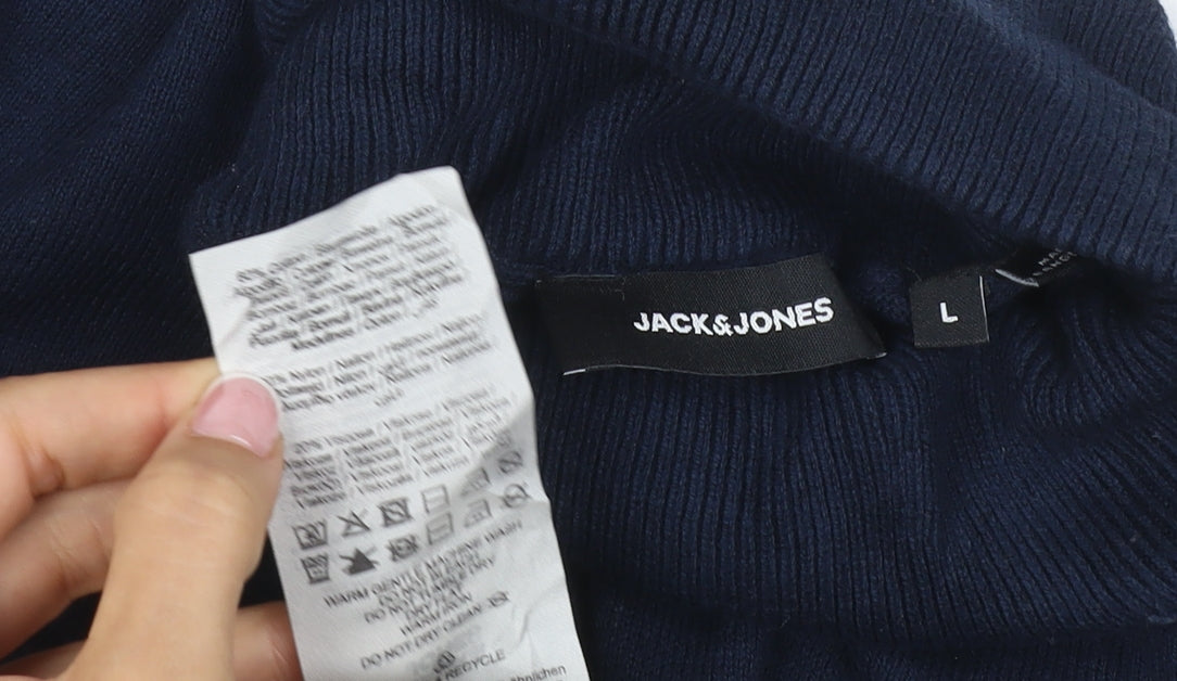 Jack & Jones Men’s Blue L Roll Neck Cotton Knit Pullover Jumper