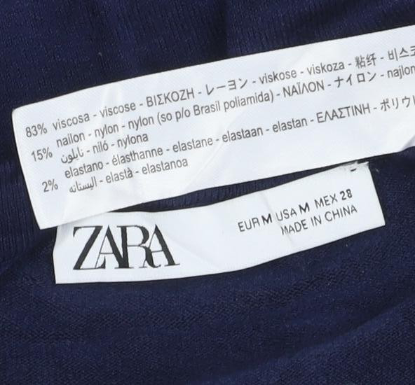Zara Women Blue UK 12 Pullover Crew Neck Viscose Knit Jumper Button Cuffs