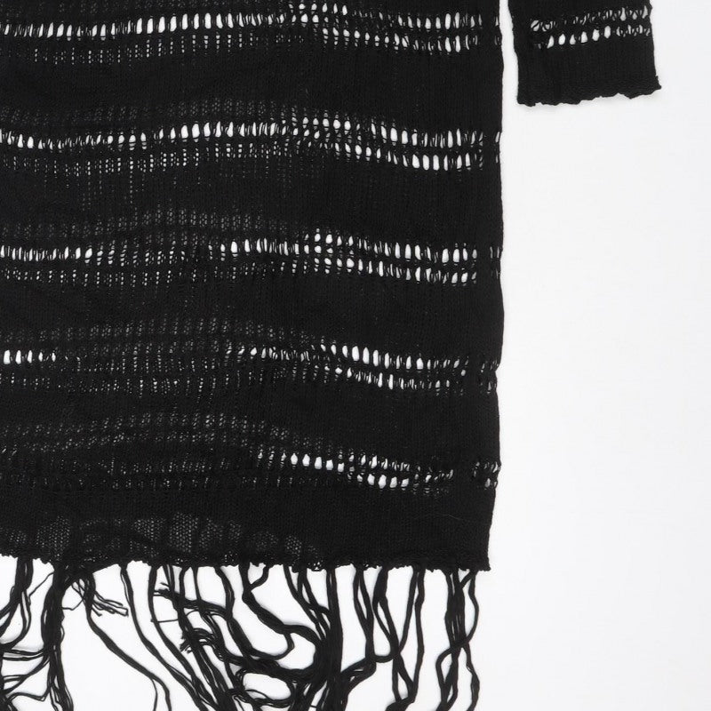 Zara Women Black M Knit Fringe Jumper Dress Long Sleeve Sheer