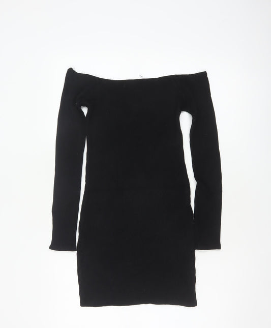 Pull&Bear Women Black M Off Shoulder Rib Knit Slim Jumper Dress
