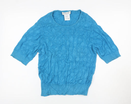 Additional front view of Jaeger Women’s Blue Silk Cotton Cable Knit Short Sleeve Jumper M