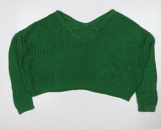 Urban Outfitters Women Green XS Chunky Knit V-Neck Cropped Pullover Jumper