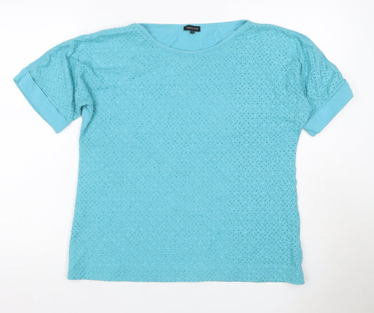 Additional front view of Jaeger Women Blue L Cotton Broderie Anglaise Short Sleeve T-Shirt