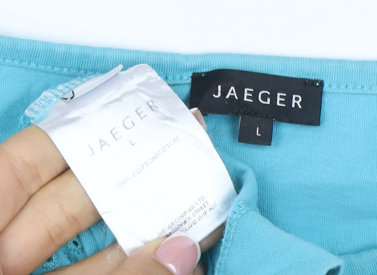 Brand and care label for Jaeger Women Blue L Cotton Broderie Anglaise Short Sleeve T-Shirt