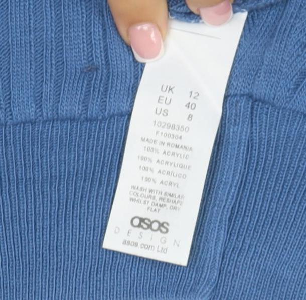 ASOS DESIGN Women Blue UK 12 Ribbed High Neck Slim Pullover Jumper