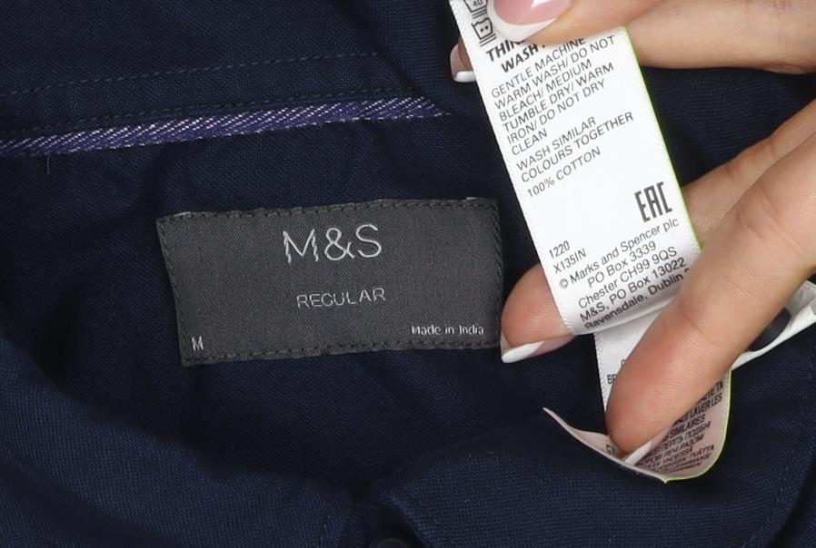 Marks and Spencer Men Navy M Regular Short Sleeve Button-Down Cotton Shirt