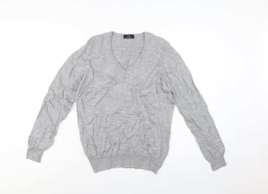 Additional front view of Marks & Spencer unisex grey uk 12 pure merino wool v-neck jumper