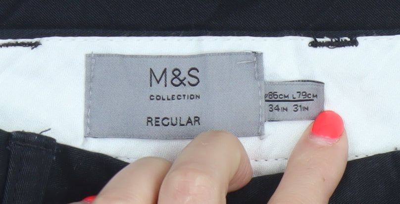 Marks and Spencer Men's Black 34 Regular Straight Cotton Trousers 34W 31L