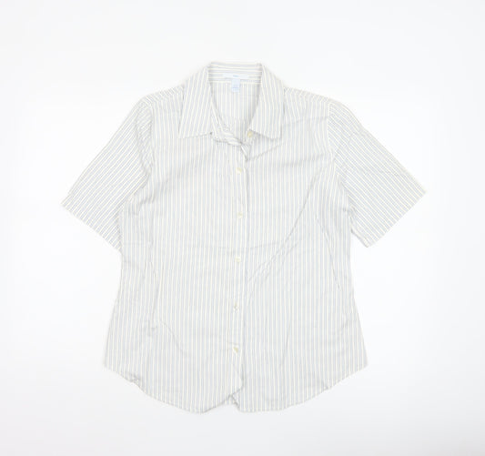 Gap Women White Striped M Button-Up 3/4 Sleeve Shirt