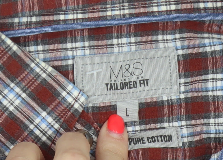 Marks and Spencer Men’s L Red Blue Plaid Pure Cotton Button-Down Shirt