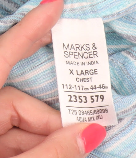 M&S Men Blue XL Linen Striped Short Sleeve Button-Up Shirt