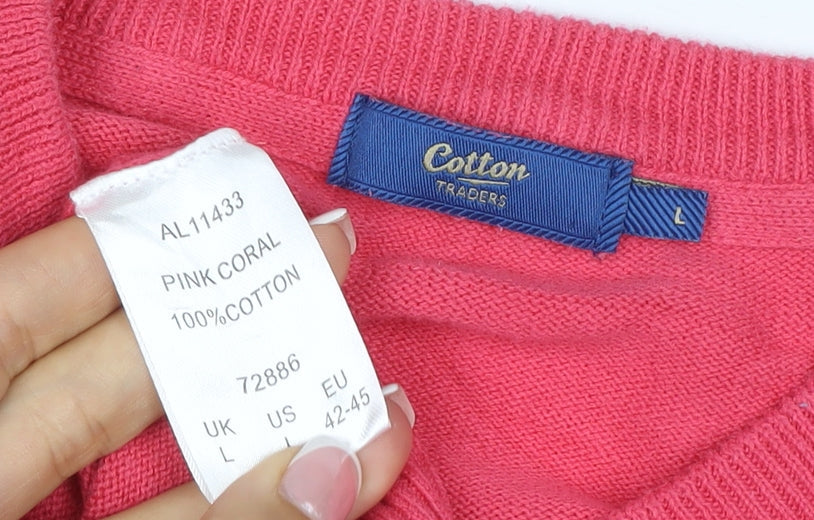 Cotton Traders Men’s Pink Coral L V-Neck Cotton Pullover Jumper
