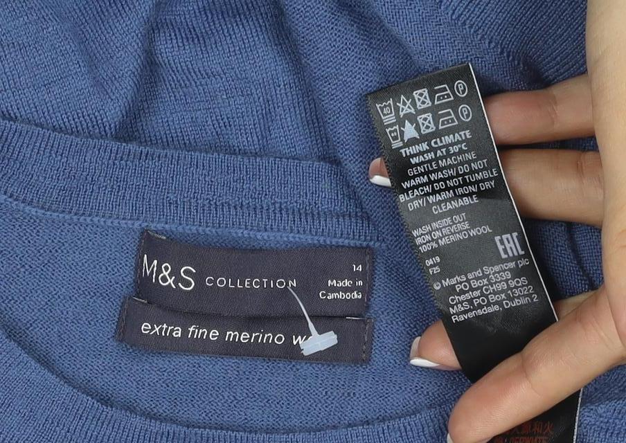 Marks and Spencer Women Blue Size 14 Merino Wool Crew Neck Jumper