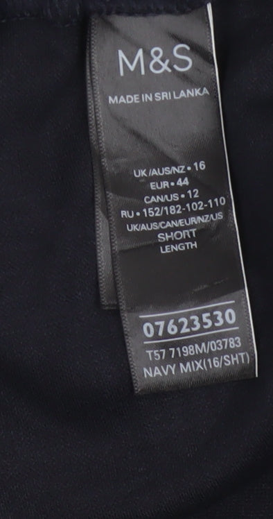 M&S Women Navy UK 16 Short Belted Tapered Pleated Trousers