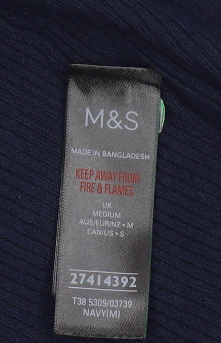 Marks and Spencer Women Blue M Open Knit V-Neck Pocket Cardigan