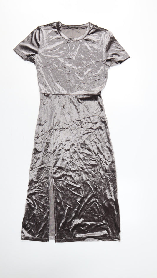 Zara Women Grey M Velour Midi Sheath Dress Short Sleeve Side Slit