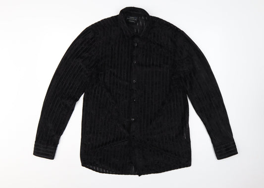 Additional front view of Zara unisex black m velvet stripe button-up shirt regular fit