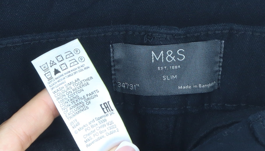 Marks & Spencer Men's Black 34/31 Slim Fit Cotton Trousers