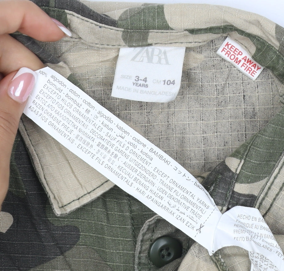 Brand and care label for Zara boys’ green camo military jacket 3-4 years cotton button-up