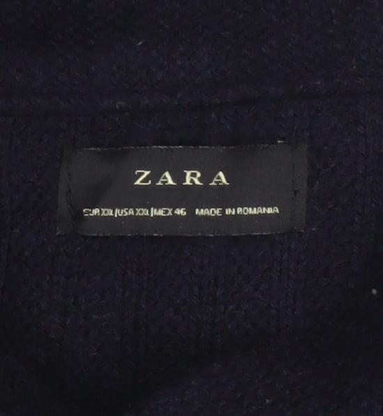Zara Men Navy 2XL Cable Knit High Neck Pullover Wool Blend Jumper