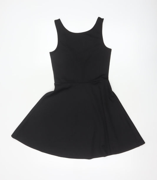 H&M Women Black UK 8 Skater Dress Scoop Neck Stretch Knee Length