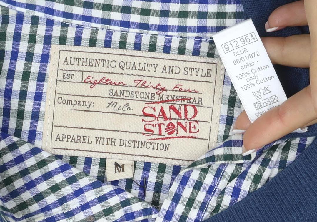 Sandstone Men's Blue M V-Neck Cotton Jumper Attached Check Collar