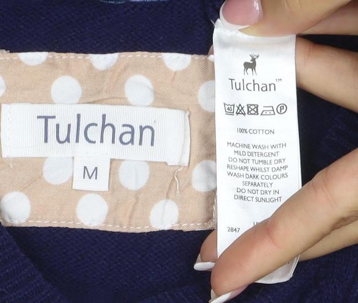 Tulchan Women Navy M Cable-Knit V-Neck Cotton Pullover Jumper