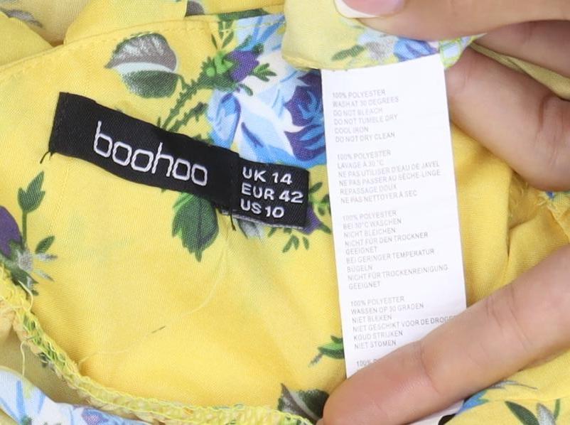 Boohoo Women Yellow Floral UK 14 Fit & Flare Tie Strap Midi Dress