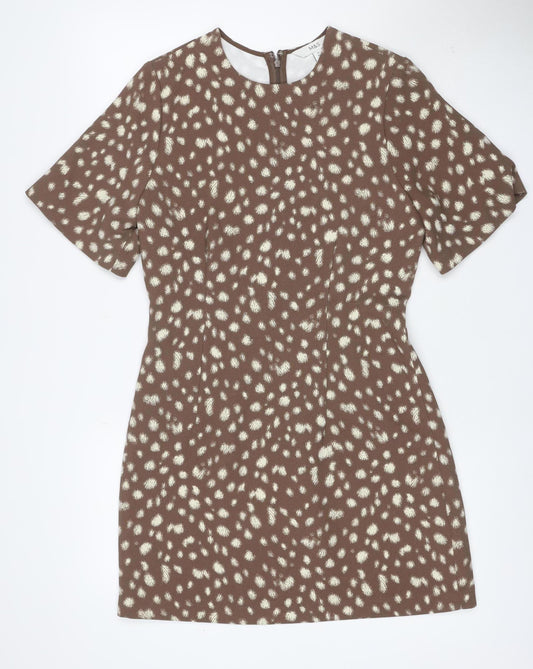 M&S Women’s Brown Animal Print Fit & Flare Dress UK 10 Bell Sleeve