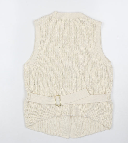 Next Women Ivory Chunky Knit Belted Button Vest Cardigan Size 10