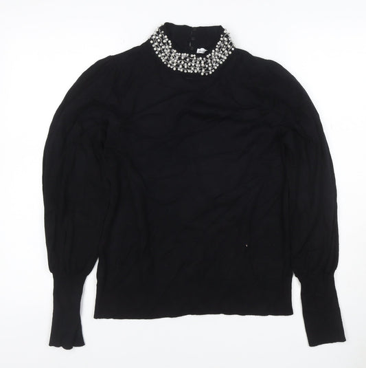 Warehouse Women Black UK 14 Embellished High Neck Knit Jumper