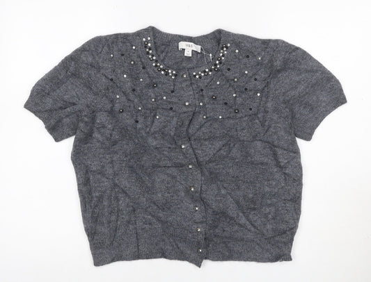 Marks and Spencer Women Grey M Beaded Rhinestone Short Sleeve Cardigan