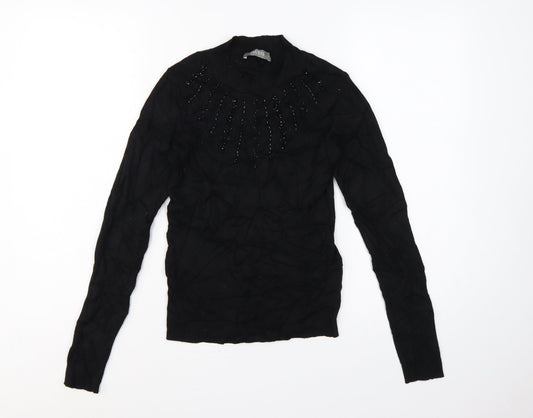 Oasis Women Black Size S Beaded High Neck Long Sleeve Knit Jumper
