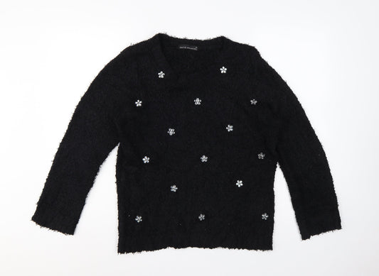 David Emanuel Women’s Black M Floral Jewel V-Neck Fuzzy Knit Jumper