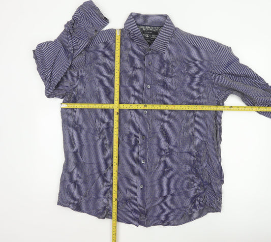 Autograph Men Blue Striped Floral Cotton Shirt 2XL Long Sleeve