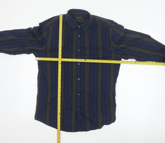 Ben Sherman Men Blue Black Striped Button-Up Shirt M Long Sleeve