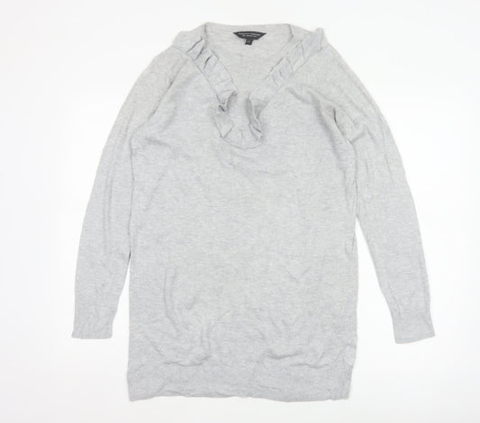 Dorothy Perkins Women Grey UK 10 Ruffle V-Neck Longline Knit Jumper